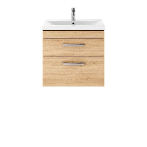 Nuie Wall Hung Vanity Units,Modern Vanity Units,Basins With Wall Hung Vanity Units,Nuie Natural Oak Nuie Athena 2 Drawer Wall Hung Vanity Unit With Basin-2 600mm Wide