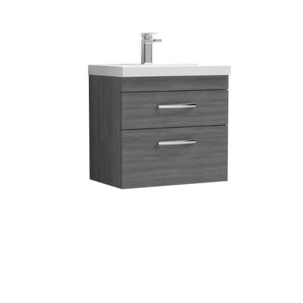 Nuie Wall Hung Vanity Units,Modern Vanity Units,Basins With Wall Hung Vanity Units, Nuie Anthracite Woodgrain Nuie Athena 2 Drawer Wall Hung Vanity Unit With Basin-3 600mm Wide