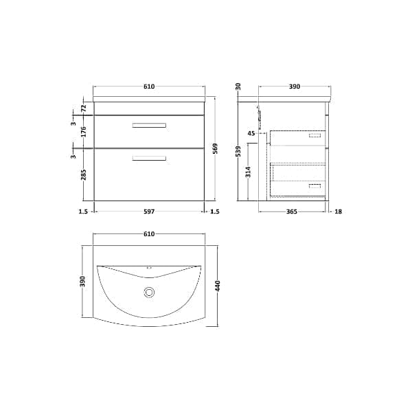 Nuie Wall Hung Vanity Units,Modern Vanity Units,Basins With Wall Hung Vanity Units,Nuie Nuie Athena 2 Drawer Wall Hung Vanity Unit With Basin-4 600mm Wide