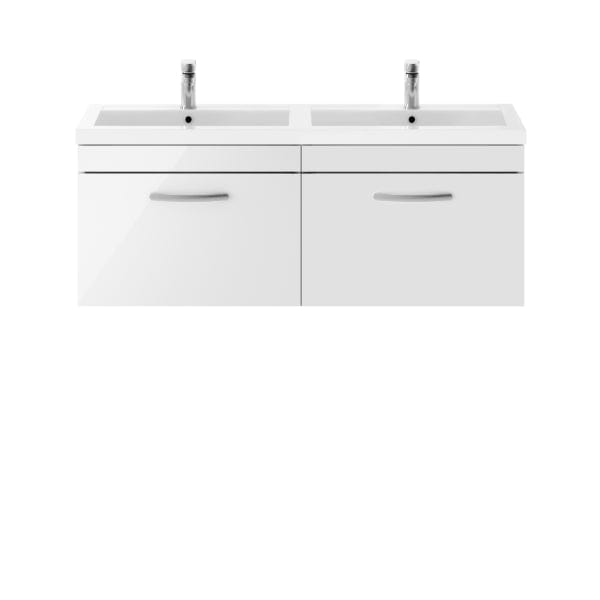 Nuie Wall Hung Vanity Units,Modern Vanity Units,Basins With Wall Hung Vanity Units,Nuie Gloss White Nuie Athena 2 Drawer Wall Hung Vanity Unit With Double Basin 1200mm Wide