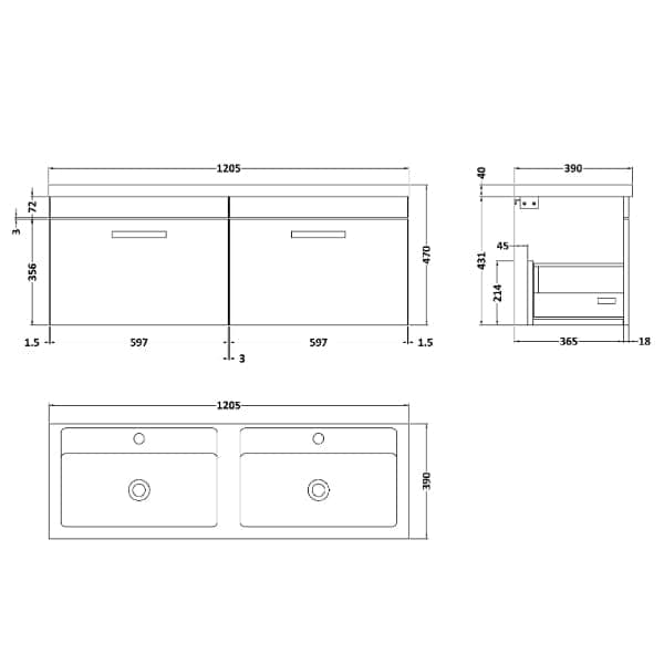 Nuie Wall Hung Vanity Units,Modern Vanity Units,Basins With Wall Hung Vanity Units,Nuie Nuie Athena 2 Drawer Wall Hung Vanity Unit With Double Basin 1200mm Wide