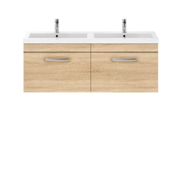 Nuie Wall Hung Vanity Units,Modern Vanity Units,Basins With Wall Hung Vanity Units,Nuie Natural Oak Nuie Athena 2 Drawer Wall Hung Vanity Unit With Double Basin 1200mm Wide
