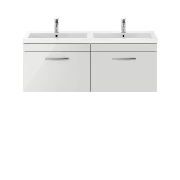 Nuie Wall Hung Vanity Units,Modern Vanity Units,Basins With Wall Hung Vanity Units,Nuie Gloss Grey Mist Nuie Athena 2 Drawer Wall Hung Vanity Unit With Double Basin 1200mm Wide