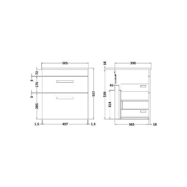Nuie Wall Hung Vanity Units,Modern Vanity Units,Basins With Wall Hung Vanity Units,Nuie Nuie Athena 2 Drawer Wall Hung Vanity Unit With Worktop 500mm Wide