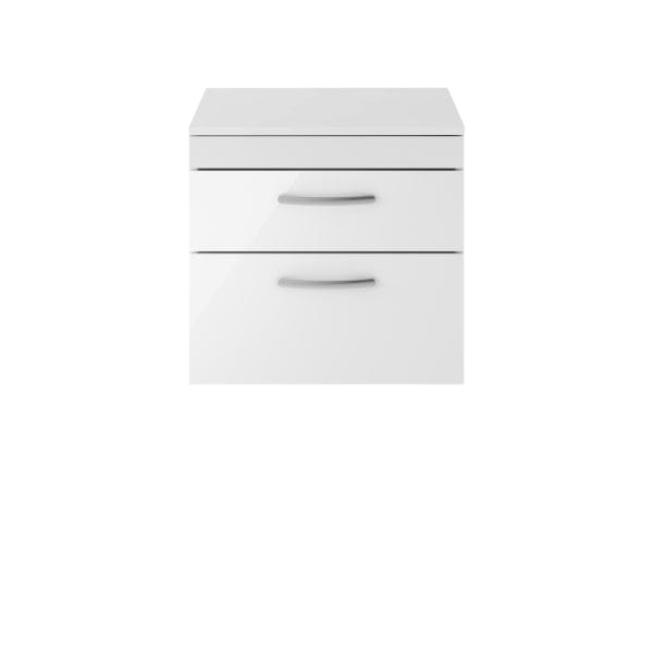 Nuie Wall Hung Vanity Units,Modern Vanity Units,Basins With Wall Hung Vanity Units,Nuie Gloss White Nuie Athena 2 Drawer Wall Hung Vanity Unit With Worktop 600mm Wide