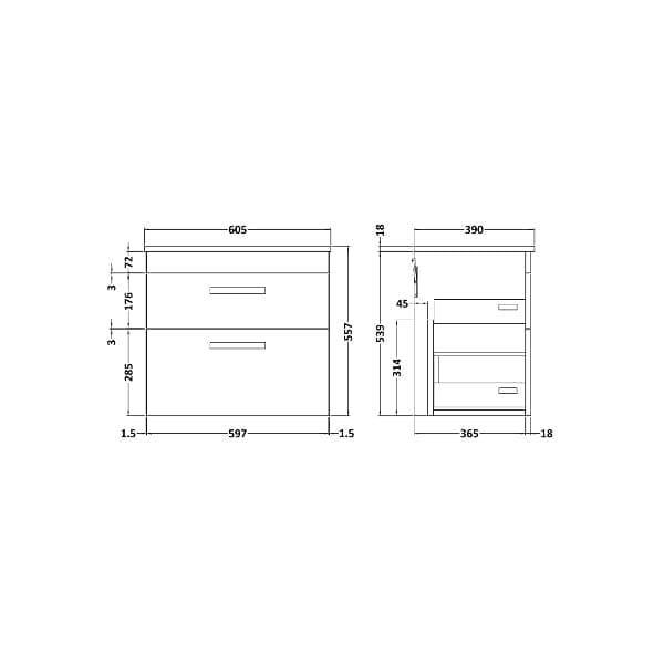 Nuie Wall Hung Vanity Units,Modern Vanity Units,Basins With Wall Hung Vanity Units,Nuie Nuie Athena 2 Drawer Wall Hung Vanity Unit With Worktop 600mm Wide