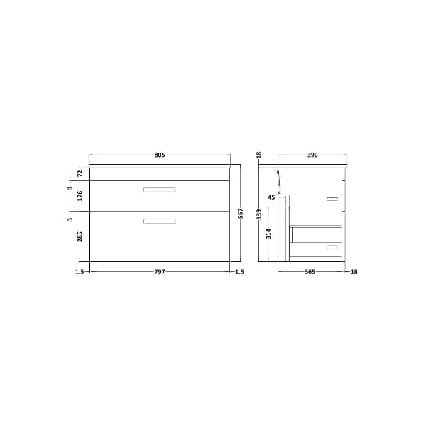 Nuie Wall Hung Vanity Units,Modern Vanity Units,Basins With Wall Hung Vanity Units,Nuie Nuie Athena 2 Drawer Wall Hung Vanity Unit With Worktop 800mm Wide