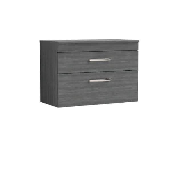 Nuie Wall Hung Vanity Units,Modern Vanity Units,Basins With Wall Hung Vanity Units,Nuie Anthracite Woodgrain Nuie Athena 2 Drawer Wall Hung Vanity Unit With Worktop 800mm Wide