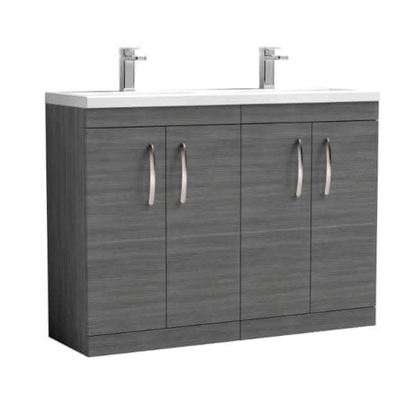 Nuie Floor Standing Vanity Units,Modern Vanity Units,Basins With Floor Standing Vanity Units,Nuie Anthracite Woodgrain Nuie Athena 4 Door Floorstanding Vanity Unit With Double Ceramic Basin 1200mm Wide