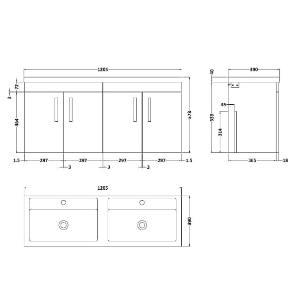 Nuie Wall Hung Vanity Units,Modern Vanity Units,Basins With Wall Hung Vanity Units,Nuie Nuie Athena 4 Door Wall Hung Vanity Unit With Double Ceramic Basin 1200mm Wide