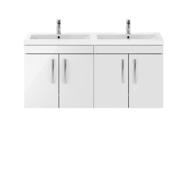 Nuie Wall Hung Vanity Units,Modern Vanity Units,Basins With Wall Hung Vanity Units,Nuie Gloss White Nuie Athena 4 Door Wall Hung Vanity Unit With Double Ceramic Basin 1200mm Wide