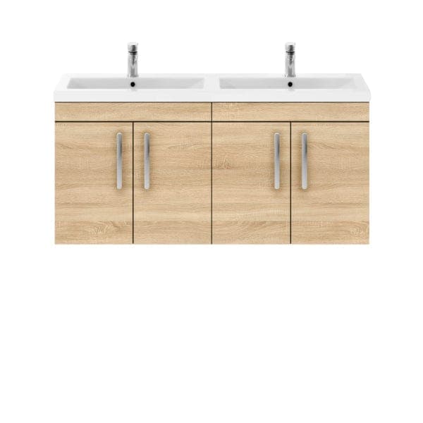 Nuie Wall Hung Vanity Units,Modern Vanity Units,Basins With Wall Hung Vanity Units,Nuie Natural Oak Nuie Athena 4 Door Wall Hung Vanity Unit With Double Ceramic Basin 1200mm Wide