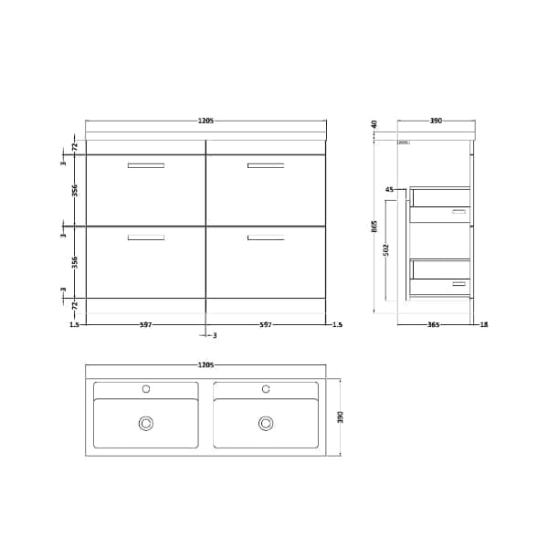 Nuie Floor Standing Vanity Units,Modern Vanity Units,Basins With Floor Standing Vanity Units,Nuie Nuie Athena 4 Drawer Floorstanding Vanity Unit With Double Basin 1200mm Wide