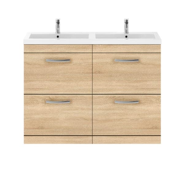 Nuie Floor Standing Vanity Units,Modern Vanity Units,Basins With Floor Standing Vanity Units,Nuie Natural Oak Nuie Athena 4 Drawer Floorstanding Vanity Unit With Double Basin 1200mm Wide