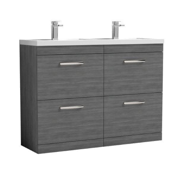 Nuie Floor Standing Vanity Units,Modern Vanity Units,Basins With Floor Standing Vanity Units,Nuie Anthracite Woodgrain Nuie Athena 4 Drawer Floorstanding Vanity Unit With Double Basin 1200mm Wide