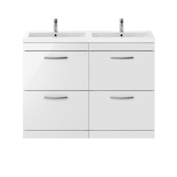 Nuie Floor Standing Vanity Units,Modern Vanity Units,Basins With Floor Standing Vanity Units,Nuie Gloss White Nuie Athena 4 Drawer Floorstanding Vanity Unit With Double Ceramic Basin 1200mm Wide