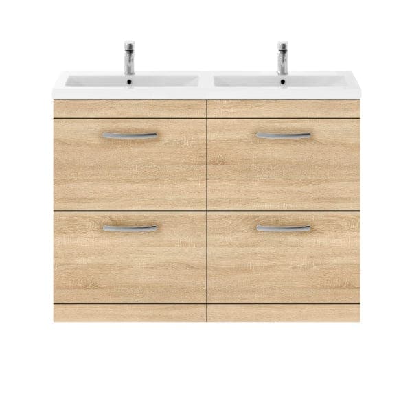 Nuie Floor Standing Vanity Units,Modern Vanity Units,Basins With Floor Standing Vanity Units,Nuie Natural Oak Nuie Athena 4 Drawer Floorstanding Vanity Unit With Double Ceramic Basin 1200mm Wide