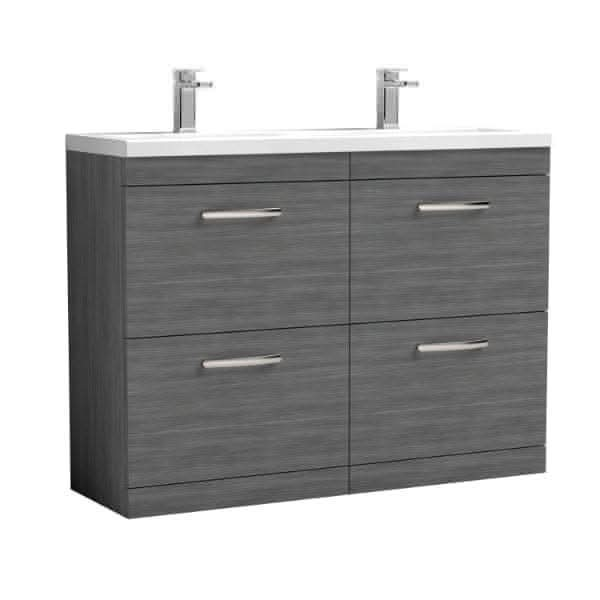 Nuie Floor Standing Vanity Units,Modern Vanity Units,Basins With Floor Standing Vanity Units,Nuie Anthracite Woodgrain Nuie Athena 4 Drawer Floorstanding Vanity Unit With Double Ceramic Basin 1200mm Wide