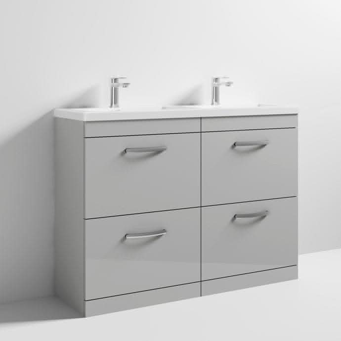 Nuie Floor Standing Vanity Units,Modern Vanity Units,Basins With Floor Standing Vanity Units,Nuie Gloss Grey Mist Nuie Athena 4 Drawer Floorstanding Vanity Unit With Double Ceramic Basin 1200mm Wide