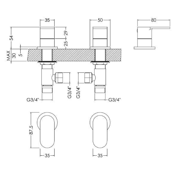 Nuie Deck Mounted Side Valves Nuie Binsey Side Valves - Chrome