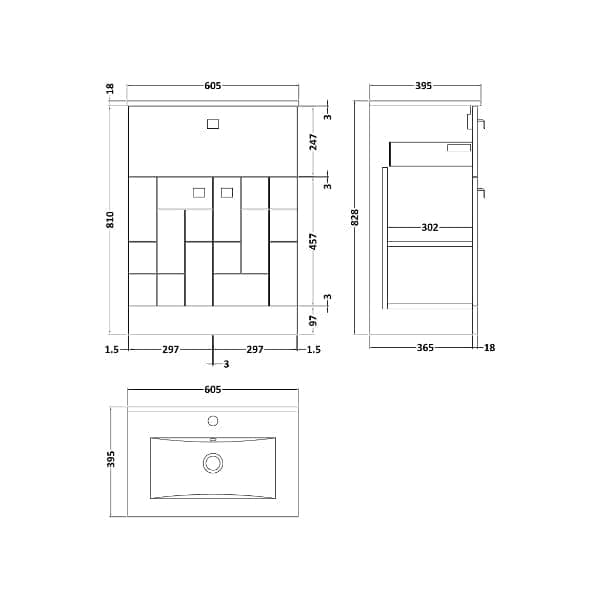 Nuie Floor Standing Vanity Units,Modern Vanity Units,Basins With Floor Standing Vanity Units,Nuie Nuie Blocks 2 Door And 1 Drawer Floorstanding Vanity Unit With Basin-2 600mm Wide
