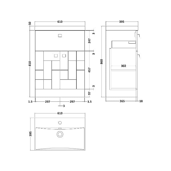 Nuie Floor Standing Vanity Units,Modern Vanity Units,Basins With Floor Standing Vanity Units, Nuie Nuie Blocks 2 Door And 1 Drawer Floorstanding Vanity Unit With Basin-3 600mm Wide