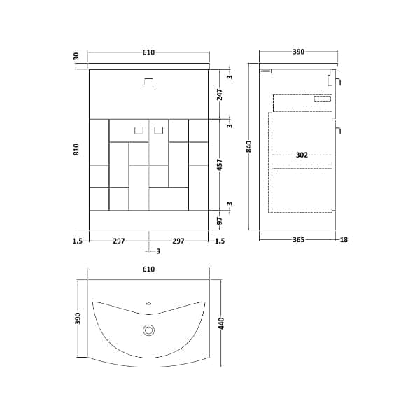 Nuie Floor Standing Vanity Units,Modern Vanity Units,Basins With Floor Standing Vanity Units,Nuie Nuie Blocks 2 Door And 1 Drawer Floorstanding Vanity Unit With Basin-4 600mm Wide