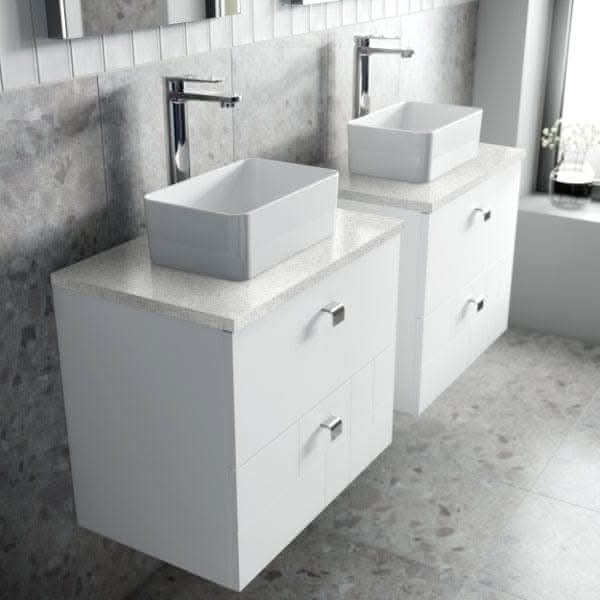 Nuie Wall Hung Vanity Units,Modern Vanity Units,Basins With Wall Hung Vanity Units,Nuie Nuie Blocks 2 Drawer Wall Hung Vanity Unit With Sparkling White Worktop 600mm Wide