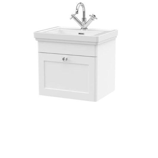 Nuie Wall Hung Vanity Units,Modern Vanity Units,Basins With Wall Hung Vanity Units,Nuie Satin White / 500mm / 1 Tap Hole Nuie Classique 1 Drawer Wall Hung Vanity Unit With Basin