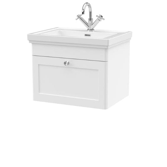 Nuie Wall Hung Vanity Units,Modern Vanity Units,Basins With Wall Hung Vanity Units,Nuie Satin White / 600mm / 1 Tap Hole Nuie Classique 1 Drawer Wall Hung Vanity Unit With Basin