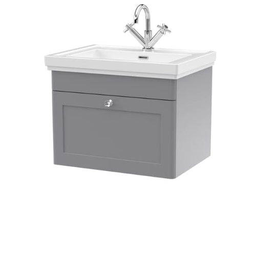 Nuie Wall Hung Vanity Units,Modern Vanity Units,Basins With Wall Hung Vanity Units,Nuie Satin Grey / 600mm / 1 Tap Hole Nuie Classique 1 Drawer Wall Hung Vanity Unit With Basin