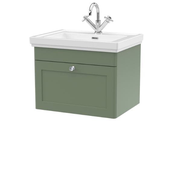 Nuie Wall Hung Vanity Units,Modern Vanity Units,Basins With Wall Hung Vanity Units,Nuie Satin Green / 600mm / 1 Tap Hole Nuie Classique 1 Drawer Wall Hung Vanity Unit With Basin