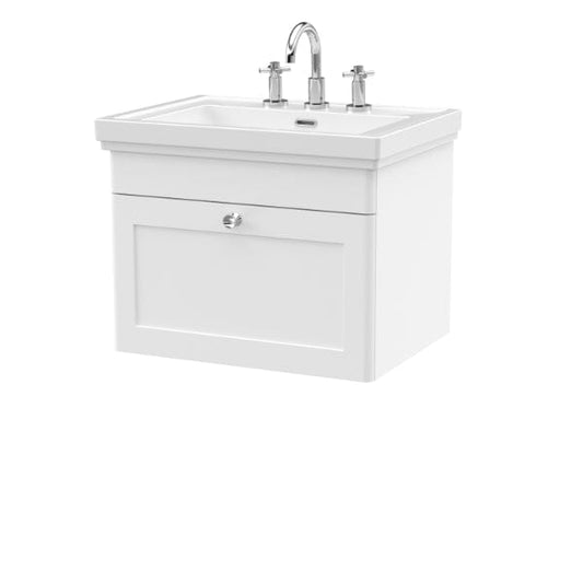 Nuie Wall Hung Vanity Units,Modern Vanity Units,Basins With Wall Hung Vanity Units,Nuie Satin White / 600mm / 3 Tap Hole Nuie Classique 1 Drawer Wall Hung Vanity Unit With Basin