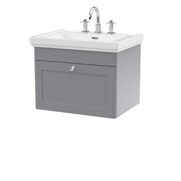 Nuie Wall Hung Vanity Units,Modern Vanity Units,Basins With Wall Hung Vanity Units,Nuie Satin Grey / 600mm / 3 Tap Hole Nuie Classique 1 Drawer Wall Hung Vanity Unit With Basin