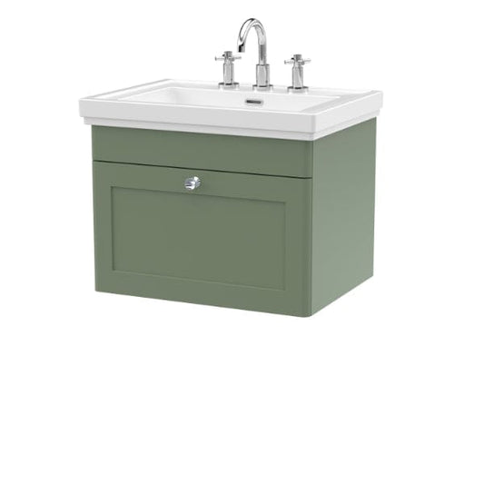 Nuie Wall Hung Vanity Units,Modern Vanity Units,Basins With Wall Hung Vanity Units,Nuie Satin Green / 600mm / 3 Tap Hole Nuie Classique 1 Drawer Wall Hung Vanity Unit With Basin