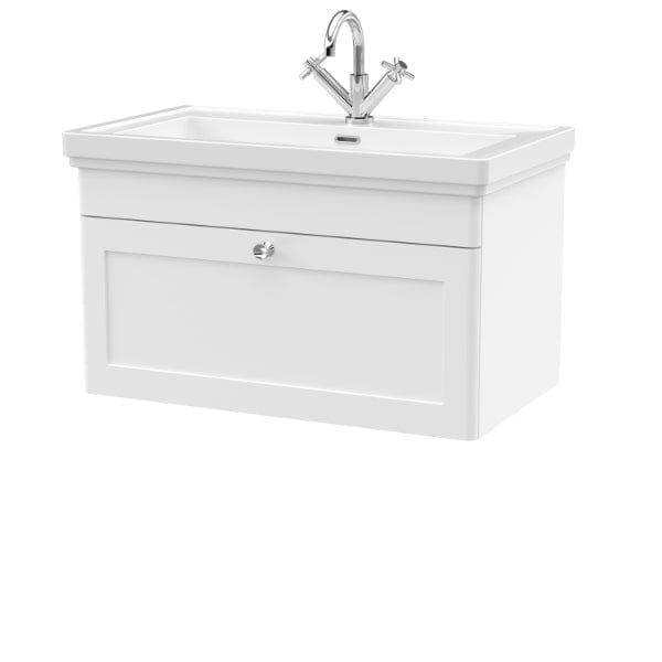 Nuie Wall Hung Vanity Units,Modern Vanity Units,Basins With Wall Hung Vanity Units,Nuie Satin White / 800mm / 1 Tap Hole Nuie Classique 1 Drawer Wall Hung Vanity Unit With Basin