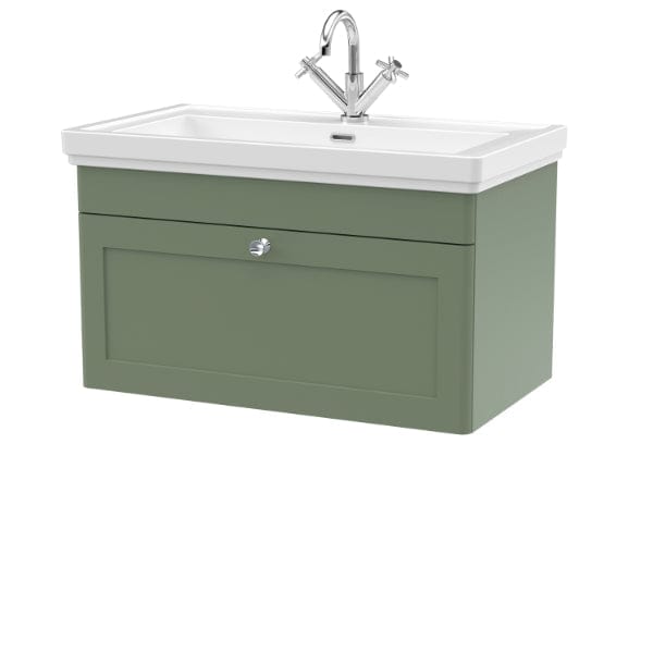 Nuie Wall Hung Vanity Units,Modern Vanity Units,Basins With Wall Hung Vanity Units,Nuie Satin Green / 800mm / 1 Tap Hole Nuie Classique 1 Drawer Wall Hung Vanity Unit With Basin
