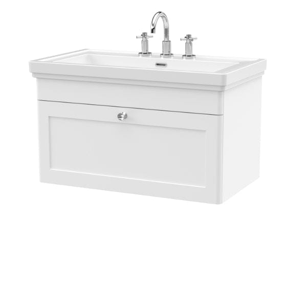 Nuie Wall Hung Vanity Units,Modern Vanity Units,Basins With Wall Hung Vanity Units,Nuie Satin White / 800mm / 3 Tap Hole Nuie Classique 1 Drawer Wall Hung Vanity Unit With Basin