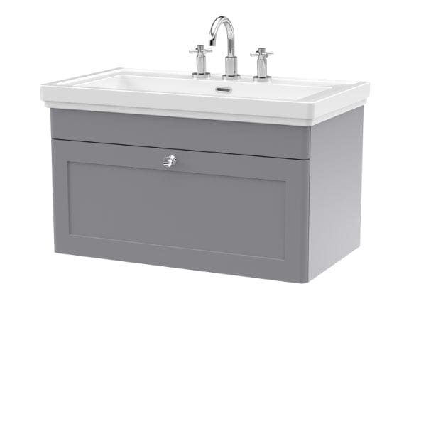 Nuie Wall Hung Vanity Units,Modern Vanity Units,Basins With Wall Hung Vanity Units,Nuie Satin Grey / 800mm / 3 Tap Hole Nuie Classique 1 Drawer Wall Hung Vanity Unit With Basin