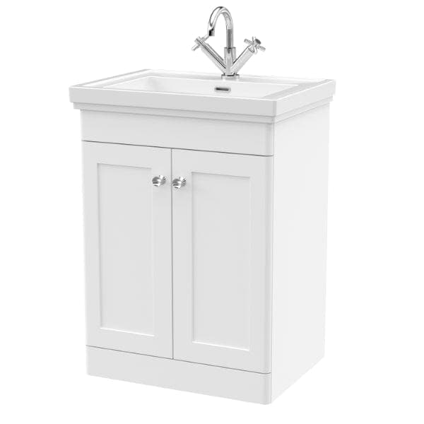Nuie Floor Standing Vanity Units,Modern Vanity Units,Basins With Floor Standing Vanity Units,Nuie Satin White / 600mm / 1 Tap Hole Nuie Classique 2 Door Floorstanding Vanity Unit With Basin