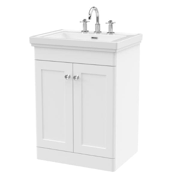 Nuie Floor Standing Vanity Units,Modern Vanity Units,Basins With Floor Standing Vanity Units,Nuie Satin White / 600mm / 3 Tap Hole Nuie Classique 2 Door Floorstanding Vanity Unit With Basin