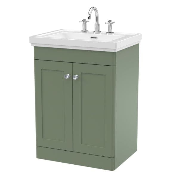 Nuie Floor Standing Vanity Units,Modern Vanity Units,Basins With Floor Standing Vanity Units,Nuie Satin Green / 600mm / 3 Tap Hole Nuie Classique 2 Door Floorstanding Vanity Unit With Basin