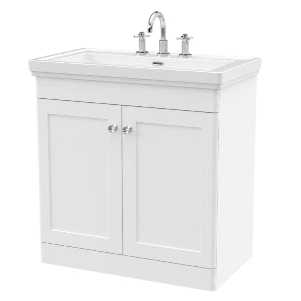 Nuie Floor Standing Vanity Units,Modern Vanity Units,Basins With Floor Standing Vanity Units,Nuie Satin White / 800mm / 3 Tap Hole Nuie Classique 2 Door Floorstanding Vanity Unit With Basin