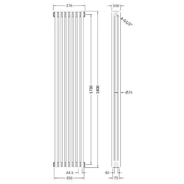 Nuie Column Radiators Nuie Colosseum Horizontal 3 Column Radiator - 376mm x 1800mm - High Gloss White