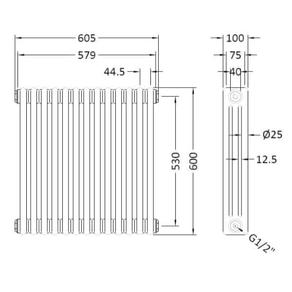 Nuie Column Radiators Nuie Colosseum Horizontal 3 Column Radiator - 600mm x 605mm - High Gloss White