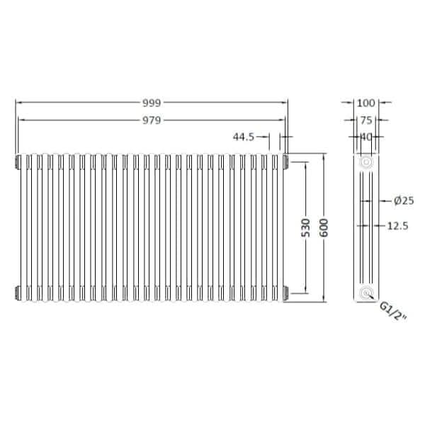 Nuie Column Radiators Nuie Colosseum Horizontal 3 Column Radiator - 999mm x 600mm - High Gloss White
