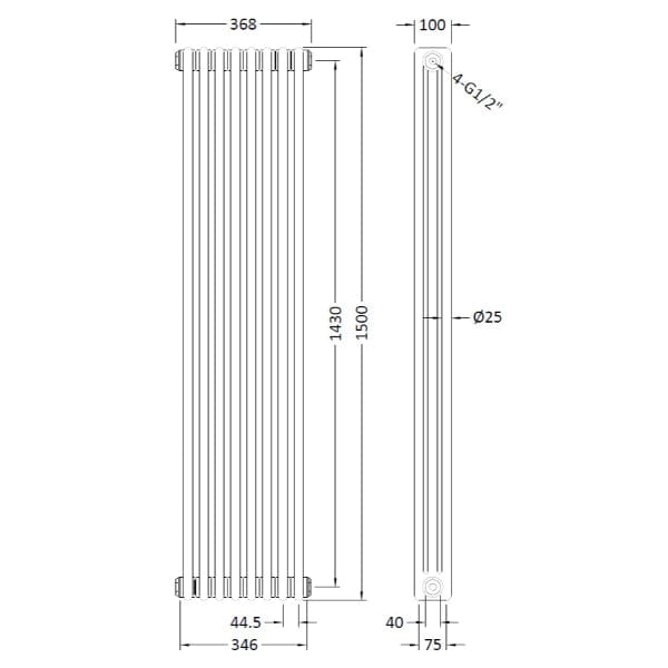 Nuie Column Radiators Nuie Colosseum Vertical 3 Column Radiator - 368mm x 1500mm - High Gloss White