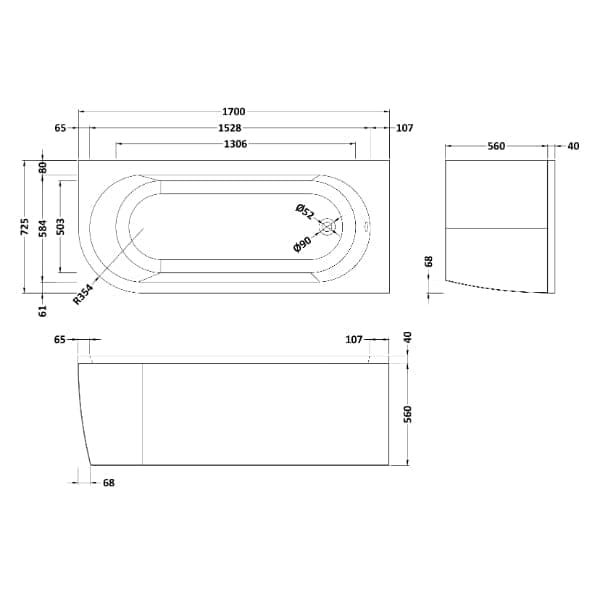 Nuie Freestanding Baths,Nuie,Modern Freestanding Baths,Back to Wall Baths Nuie Crescent Back to Wall Bath - 1700mm x 725mm - White