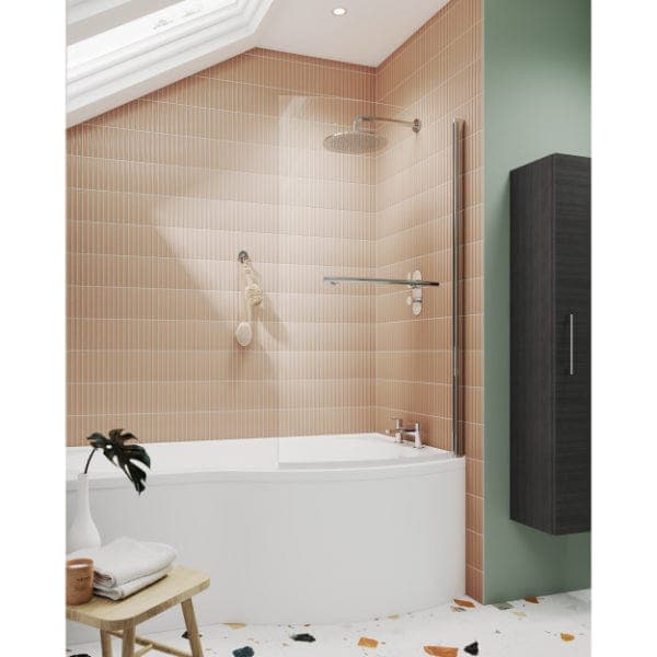 Nuie Bath Screens,Nuie,Bath Accessories Nuie Curved B Shaped Shower Bath Screen With Towel Rail - 1435mm x 870mm - Polished Chrome
