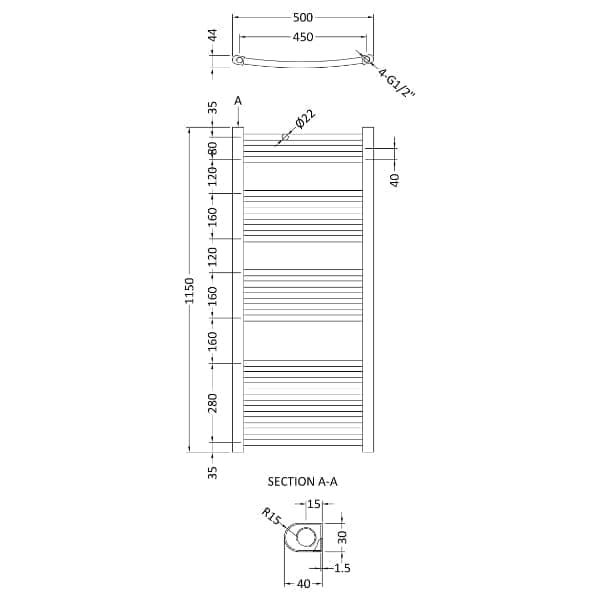 Nuie Curved Designer Heated Towel Rails,Modern Designer Heated Towel Rails Nuie Curved Heated Towel Rail - 1150mm x 500mm